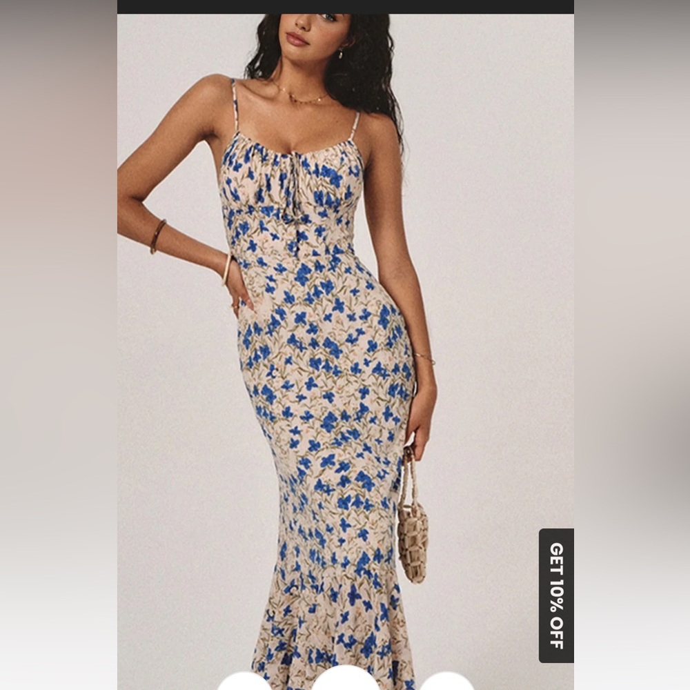 Commense Blue and Cream Floral Asymmetrical Spaghetti-Strap Maxi Dress